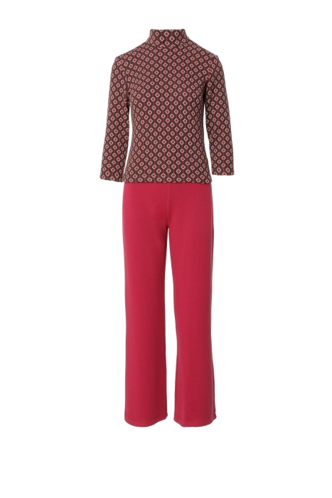 Gizia Contrast Patterned Stand Up Collar Three Quarter Sleeve Casual Cut Trousers Pink Knitwear Suit. 1