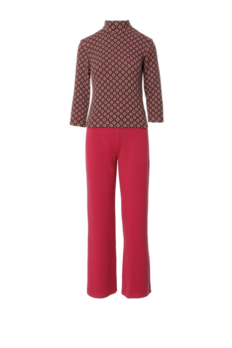 Gizia Contrast Patterned Stand Up Collar Three Quarter Sleeve Casual Cut Trousers Pink Knitwear Suit. 1 Gizia Contrast Patterned Stand Up Collar Three Quarter Sleeve Casual Cut Trousers Pink Knitwear Suit. 1