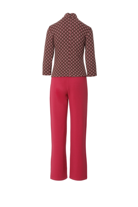 Gizia Contrast Patterned Stand Up Collar Three Quarter Sleeve Casual Cut Trousers Pink Knitwear Suit. 3