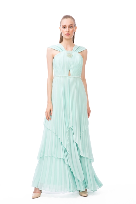 Gizia Stone Embroidered Detailed Long Green Dress. 1