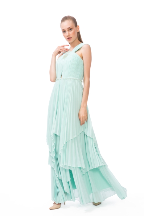 Gizia Stone Embroidered Detailed Long Green Dress. 2