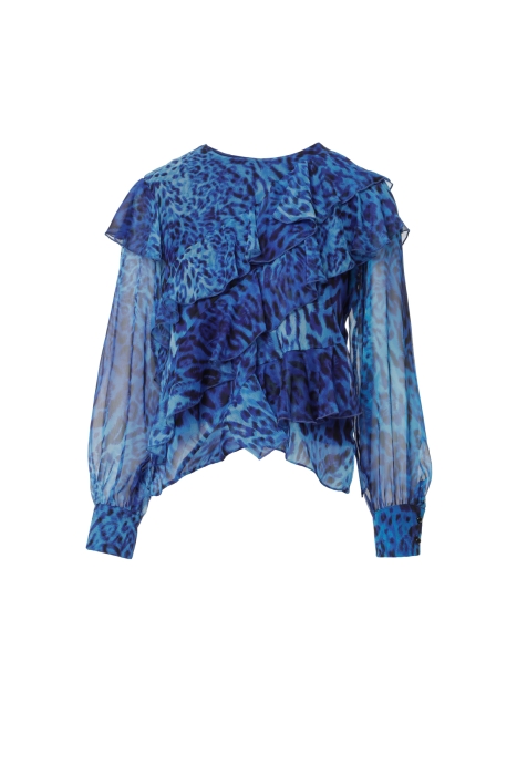 Gizia Leopard Patterned Silk Chiffon Ruffle Blue Blouse. 1