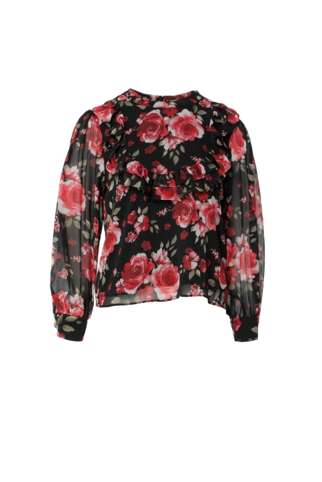 Gizia Rose Patterned Gold Button Detailed Frilly Zippered Blouse. 1 Gizia Rose Patterned Gold Button Detailed Frilly Zippered Blouse. 1