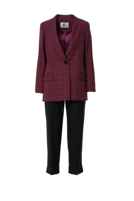 Single Button Plaid Jacket and Pants Pink Suit Gizia