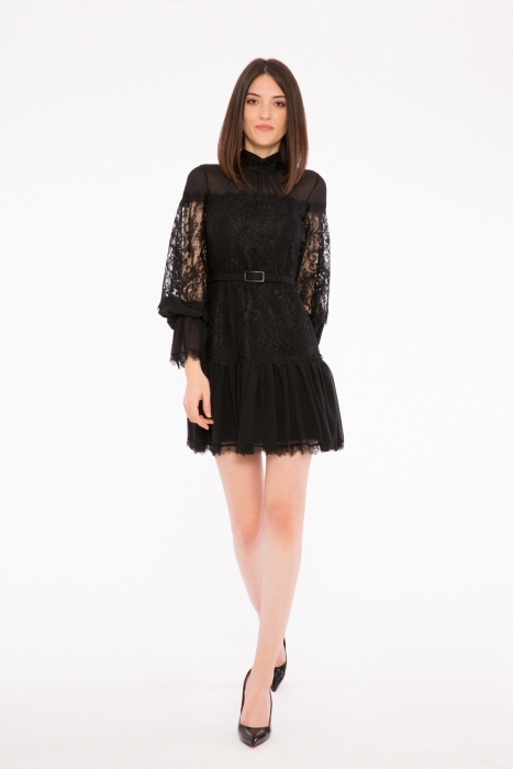 Gizia Ruffle Detailed Standing Neck Mini Length Lace Black Dress. 1