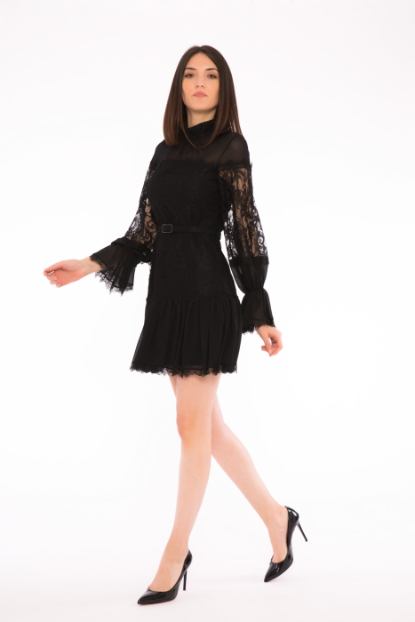 Gizia Ruffle Detailed Standing Neck Mini Length Lace Black Dress. 2