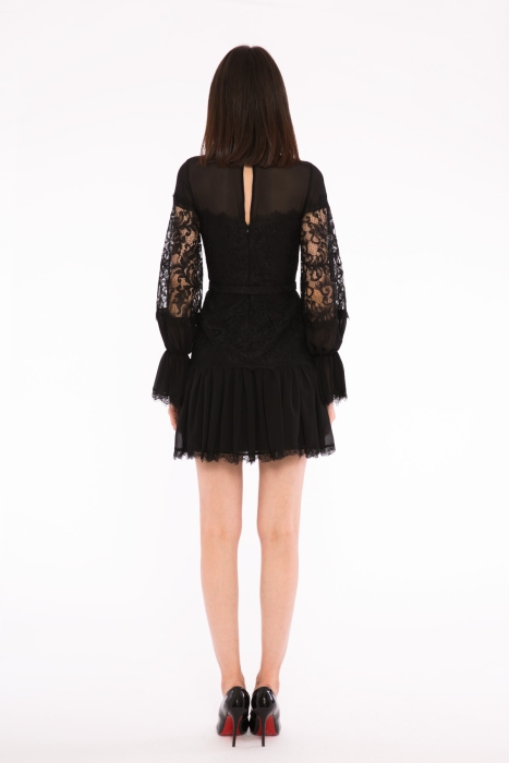 Gizia Ruffle Detailed Standing Neck Mini Length Lace Black Dress. 3
