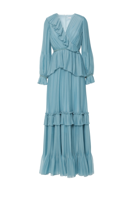 Gizia Long Blue Dress with Pleated V-Neck. 1