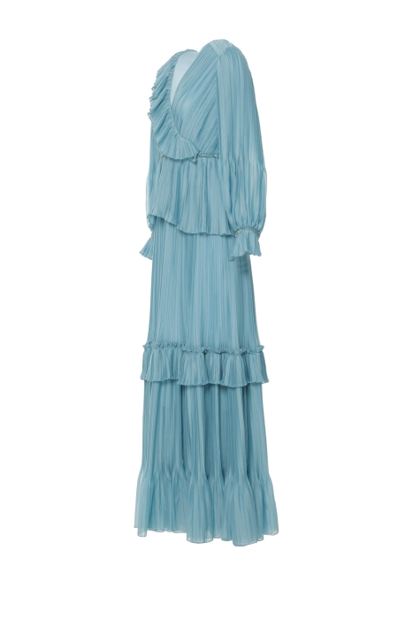 Gizia Long Blue Dress with Pleated V-Neck. 2
