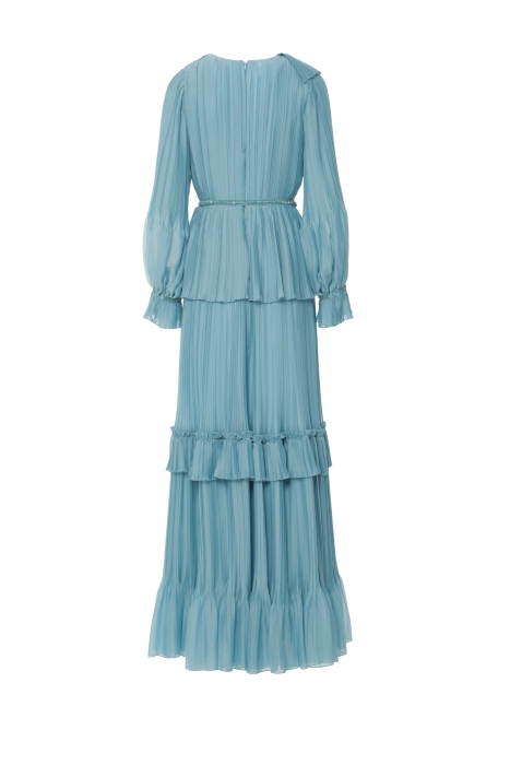 Gizia Long Blue Dress with Pleated V-Neck. 3