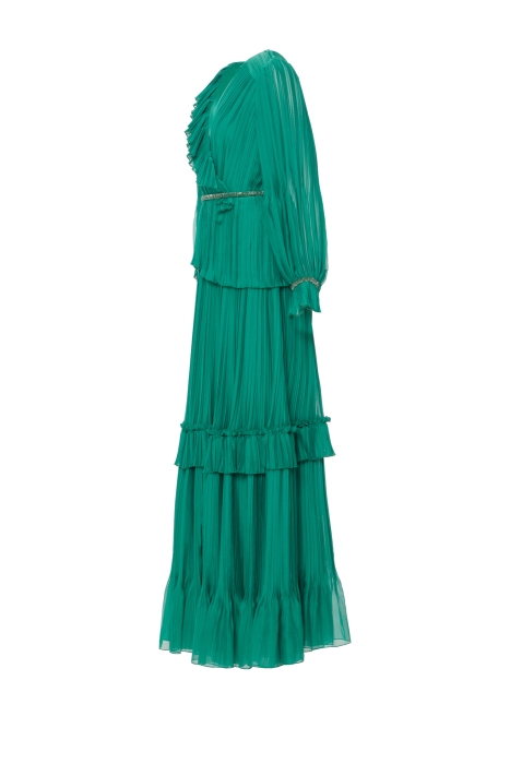 Gizia فستان صوف طويل أخضر مطوي مفتوح الرقبة. 2