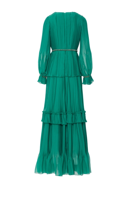 Gizia فستان صوف طويل أخضر مطوي مفتوح الرقبة. 3