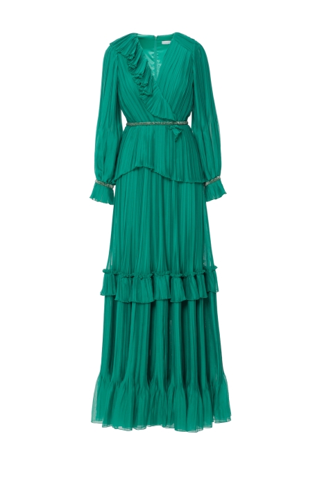 Gizia فستان صوف طويل أخضر مطوي مفتوح الرقبة. 1