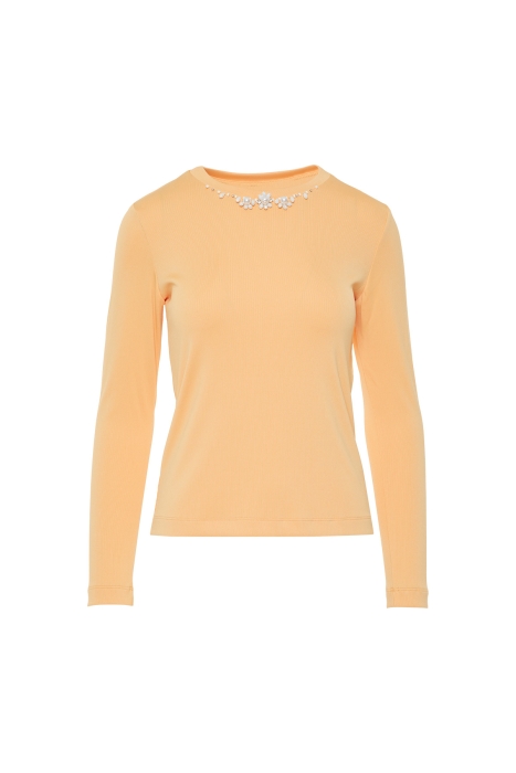Gizia Long Sleeve Basic Salmon Color Tshirt With Embroidered Collar Detail. 1