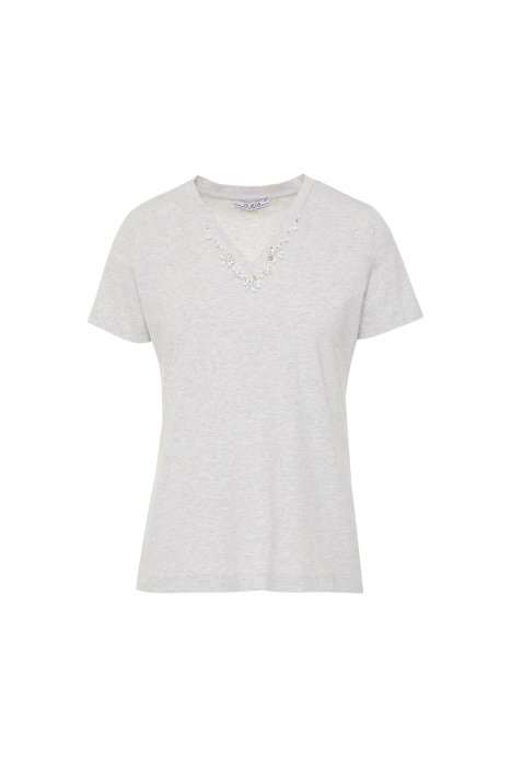 Gizia V-Neck Basic Grey Tshirt With Collar Embroidery Detail. 1