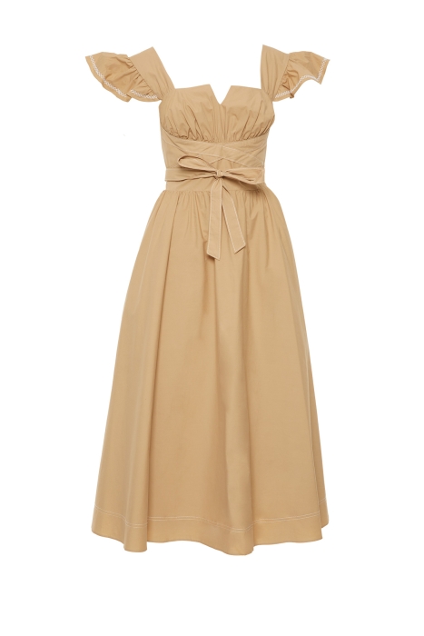 Gizia Beige Dress With Flounce Sleeves With Waist Binding Detail. 1