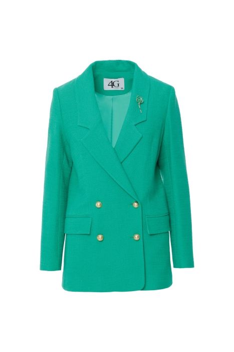 Gizia Casual Cut Green Tweed Blazer Jacket With Flower Brooch Detail. 1