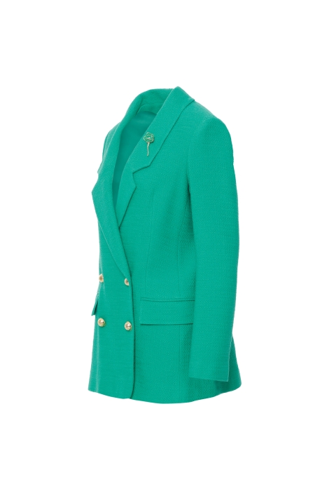 Gizia Casual Cut Green Tweed Blazer Jacket With Flower Brooch Detail. 2