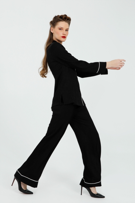 Gizia White Collar Pocket Handkerchief Brooch Detailed Waist Elastic Trousers Comfortable Cut Black Suit. 2