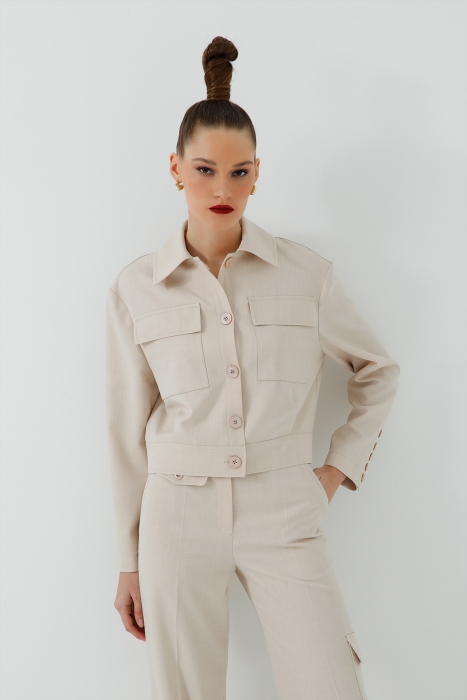 Gizia Beige Suit With Pocket Detailed Jacket and Trousers. 5