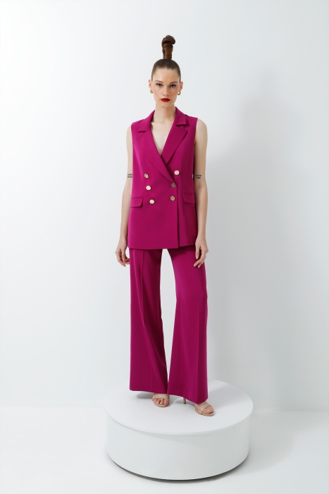 Gizia Pink Women's Suit with Gold Detail Casual Cut Vest and Trousers. 1 Gizia Pink Women's Suit with Gold Detail Casual Cut Vest and Trousers. 1