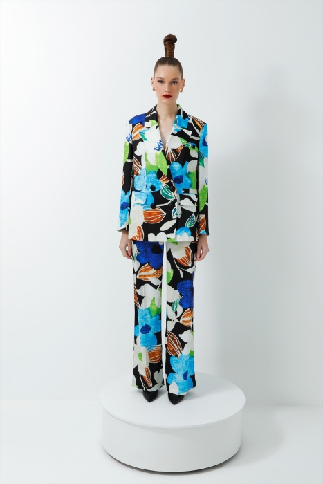 Gizia Shiny Black Satin Women's Suit with Floral Print Jacket and High Waist Trousers. 1 Gizia Shiny Black Satin Women's Suit with Floral Print Jacket and High Waist Trousers. 1