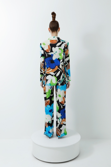 Gizia Shiny Black Satin Women's Suit with Floral Print Jacket and High Waist Trousers. 3 Gizia Shiny Black Satin Women's Suit with Floral Print Jacket and High Waist Trousers. 3