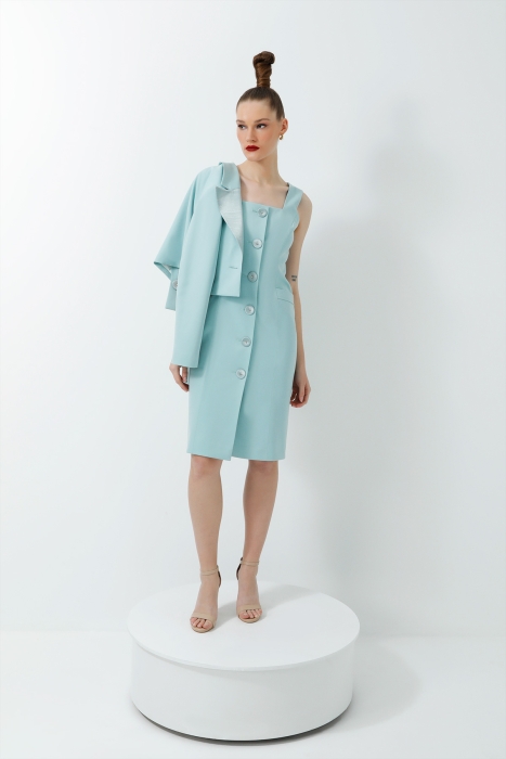 Gizia Mint Color Square Collar Stone Detailed Midi Length Pencil Dress And Satin Collar Detailed Crop Jacket Suit. 4