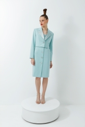 Gizia Mint Color Square Collar Stone Detailed Midi Length Pencil Dress And Satin Collar Detailed Crop Jacket Suit. 3