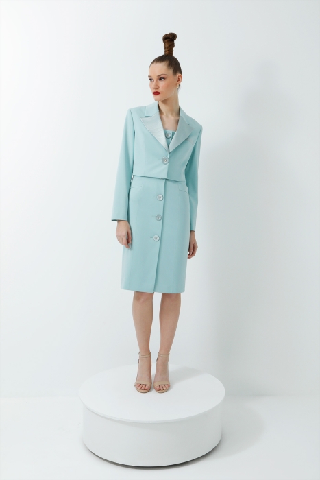 Gizia Mint Color Square Collar Stone Detailed Midi Length Pencil Dress And Satin Collar Detailed Crop Jacket Suit. 1