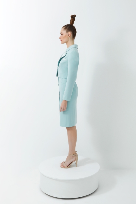 Gizia Mint Color Square Collar Stone Detailed Midi Length Pencil Dress And Satin Collar Detailed Crop Jacket Suit. 2