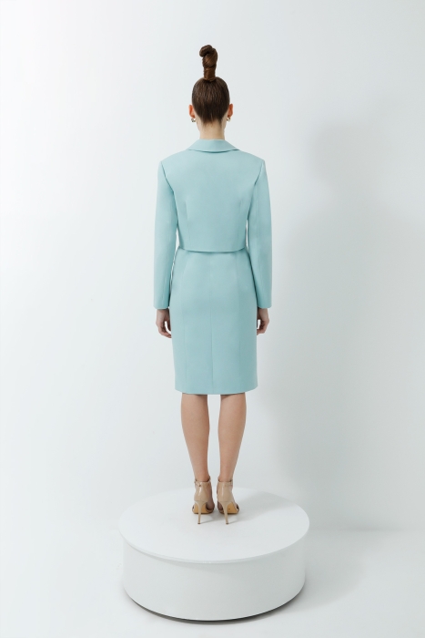 Gizia Mint Color Square Collar Stone Detailed Midi Length Pencil Dress And Satin Collar Detailed Crop Jacket Suit. 5