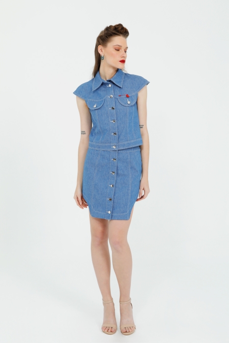 Gizia Blue Mini Skirt With Buttons On The Front With Side Window Detail. 1 Gizia Blue Mini Skirt With Buttons On The Front With Side Window Detail. 1