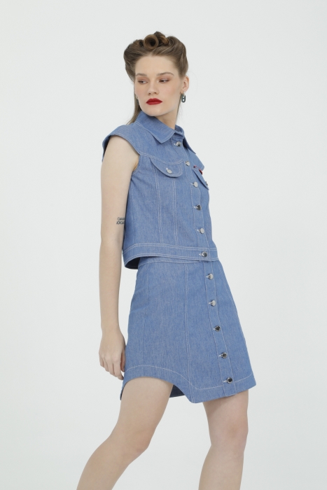 Gizia Blue Mini Skirt With Buttons On The Front With Side Window Detail. 2 Gizia Blue Mini Skirt With Buttons On The Front With Side Window Detail. 2