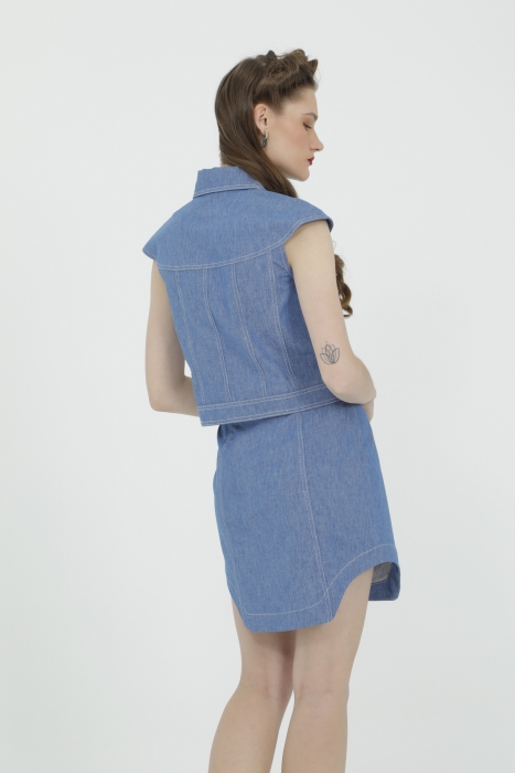 Gizia Blue Mini Skirt With Buttons On The Front With Side Window Detail. 3 Gizia Blue Mini Skirt With Buttons On The Front With Side Window Detail. 3
