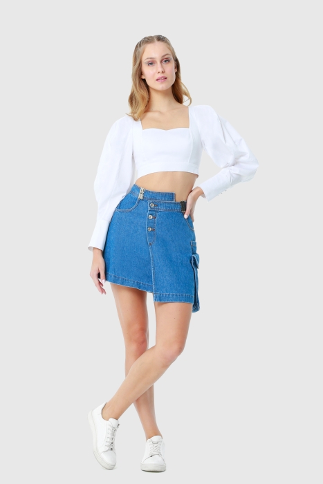 Gizia Blue Mini Skirt With Asymmetric Double Breasted Closure Jetting Pocket Detail. 1