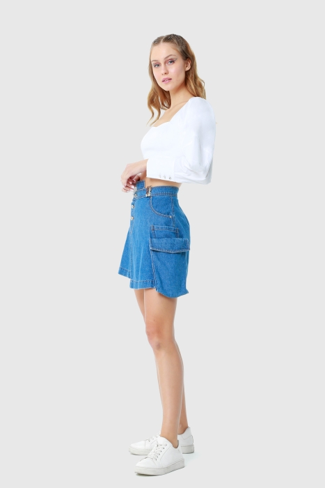 Gizia Blue Mini Skirt With Asymmetric Double Breasted Closure Jetting Pocket Detail. 2