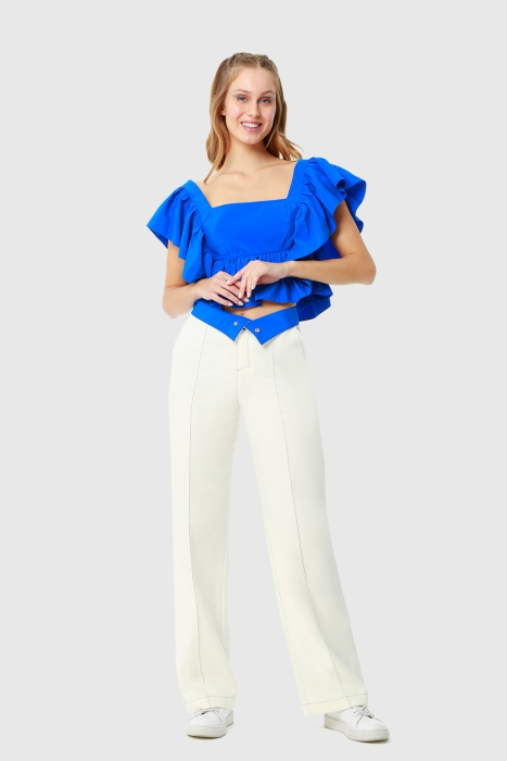 Gizia Wide Leg Comfortable Ecru Trousers With Contrast Stitching. 1