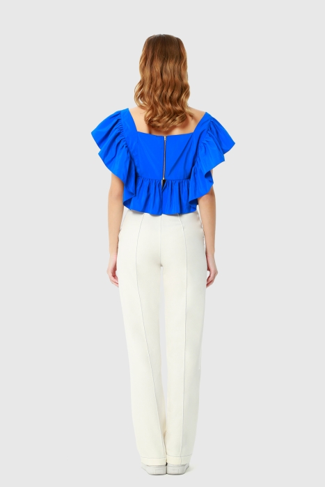 Gizia Wide Leg Comfortable Ecru Trousers With Contrast Stitching. 3