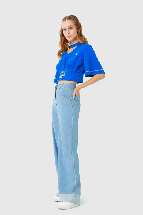 Gizia بنطلون جينز واسع الساق مطبوع مزين بجيب. 2