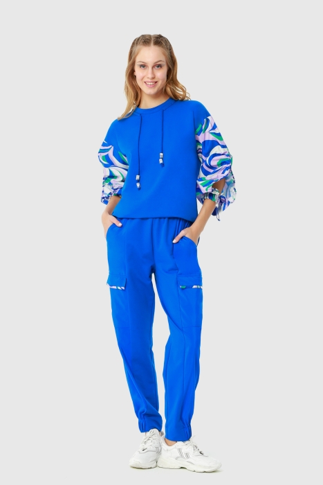 Gizia Comfortable Cut Sweatshirt with Balloon Sleeves and Saxe Blue Tracksuit with Elastic Waist Pockets. 1