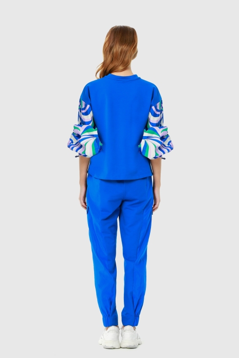 Gizia Comfortable Cut Sweatshirt with Balloon Sleeves and Saxe Blue Tracksuit with Elastic Waist Pockets. 3