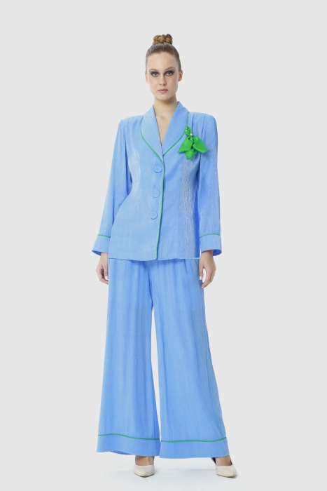Gizia White Collar Pocket Handkerchief Brooch Detailed Waist Elastic Trousers Comfortable Cut Blue Suit. 1