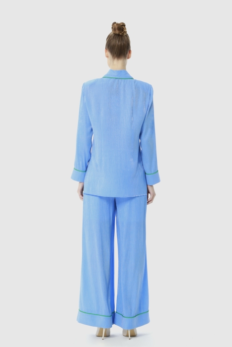 Gizia White Collar Pocket Handkerchief Brooch Detailed Waist Elastic Trousers Comfortable Cut Blue Suit. 3
