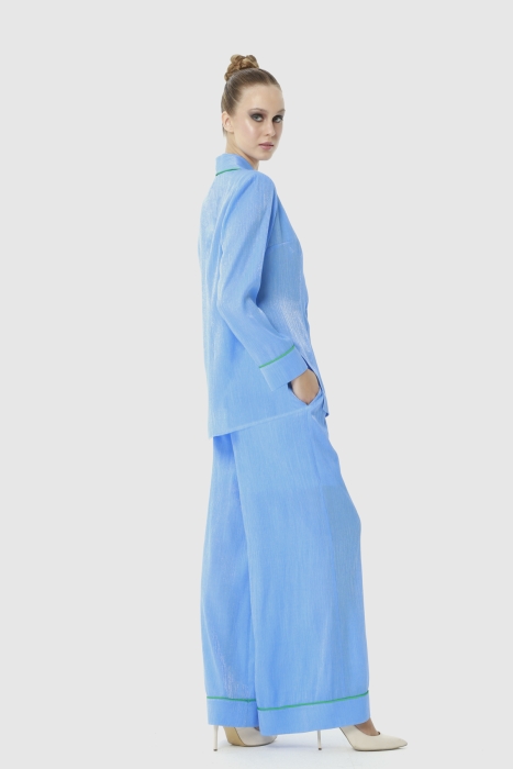Gizia White Collar Pocket Handkerchief Brooch Detailed Waist Elastic Trousers Comfortable Cut Blue Suit. 2