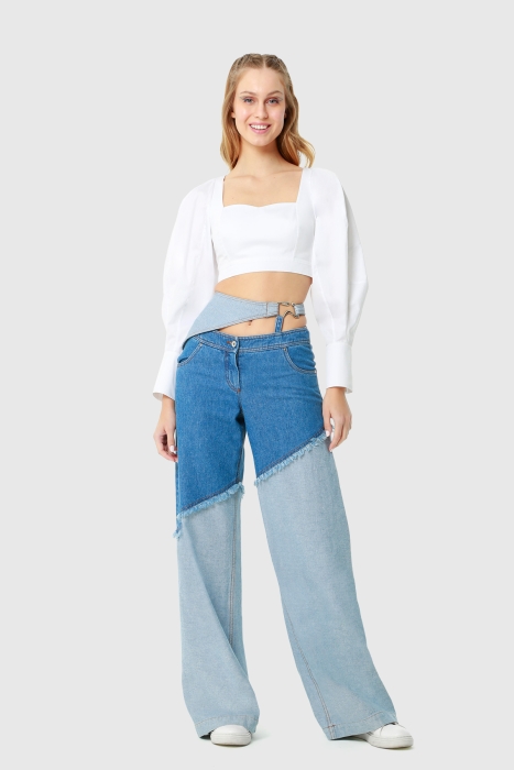 Gizia Asymmetric Cut Palazzo Blue Trousers With Belt Detail. 1