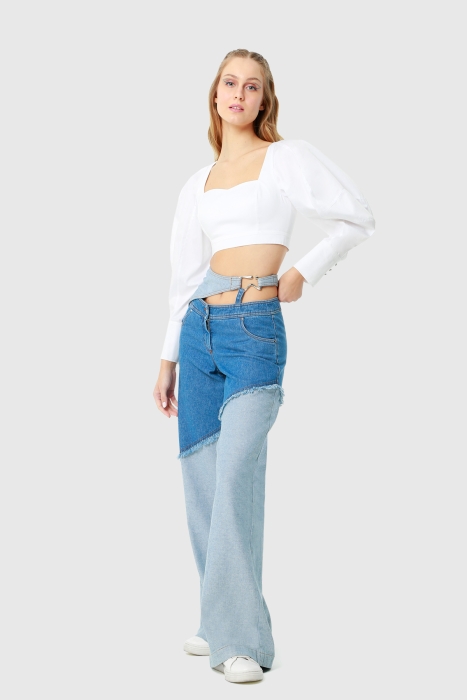 Gizia Asymmetric Cut Palazzo Blue Trousers With Belt Detail. 2