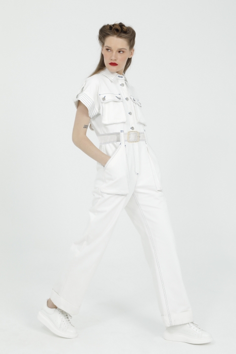 Ecru denim utility jumpsuit top