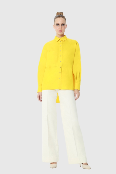 Gizia Button Detail Back Long Comfortable Cut Sheer Collar Poplin Yellow Shirt. 1