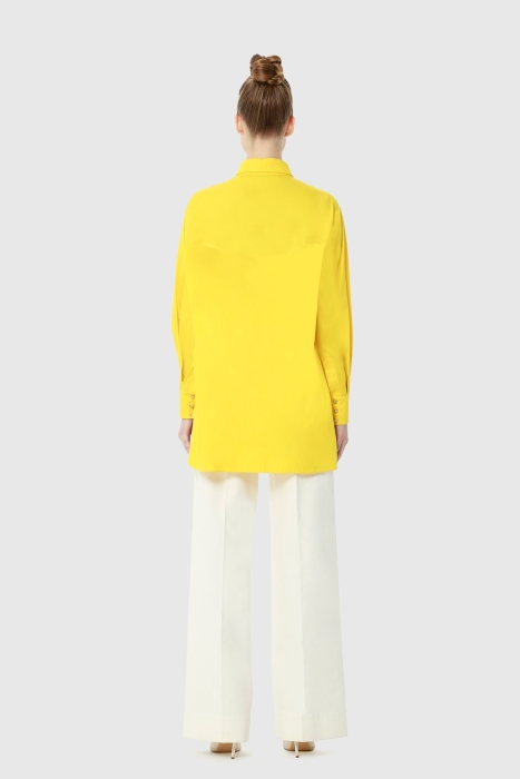 Gizia Button Detail Back Long Comfortable Cut Sheer Collar Poplin Yellow Shirt. 3